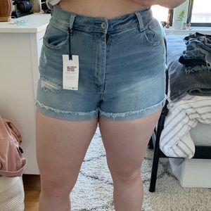 High-Rise Light Wash Distressed Denim Shorts